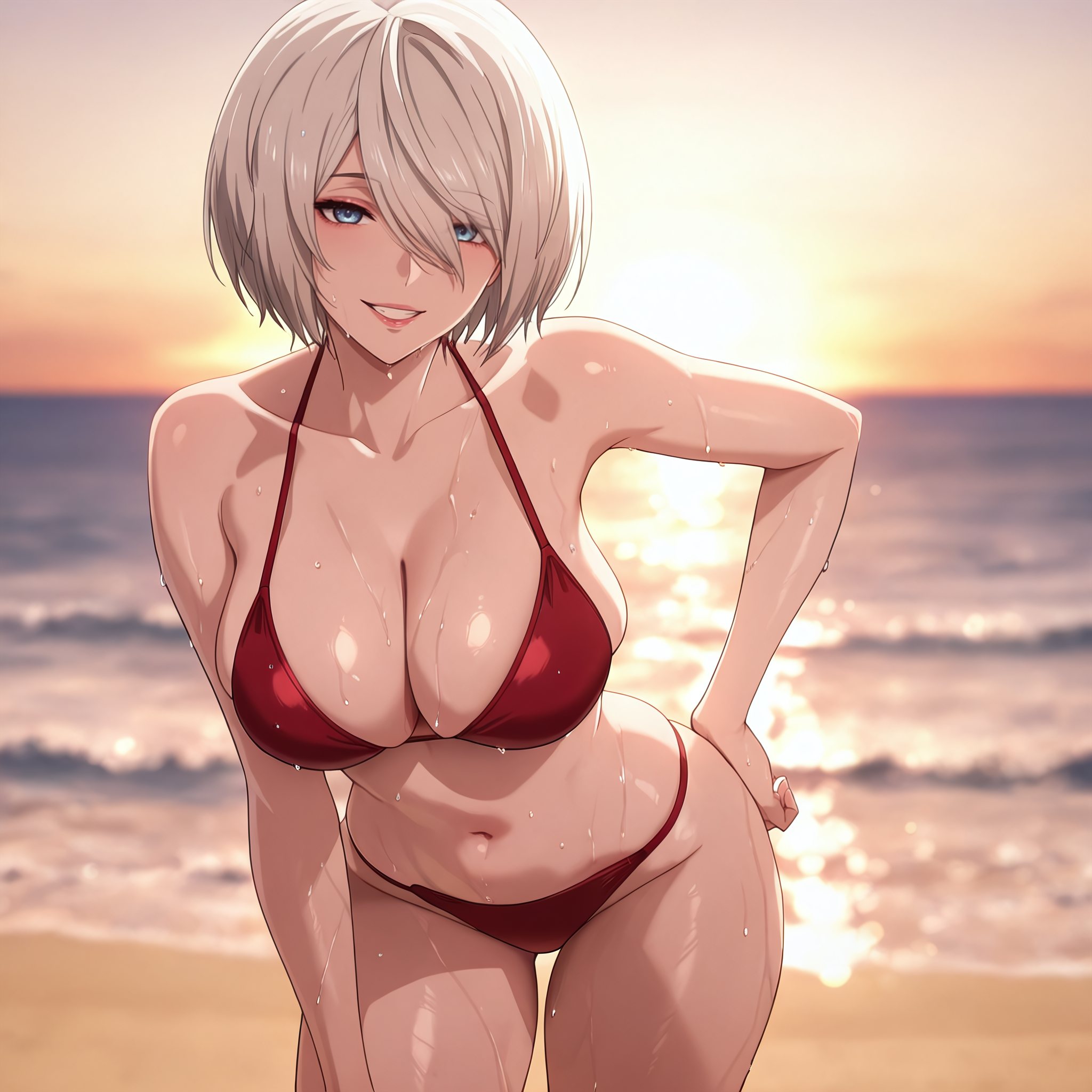 Beach Babes — 2B in a red bikini at sunset