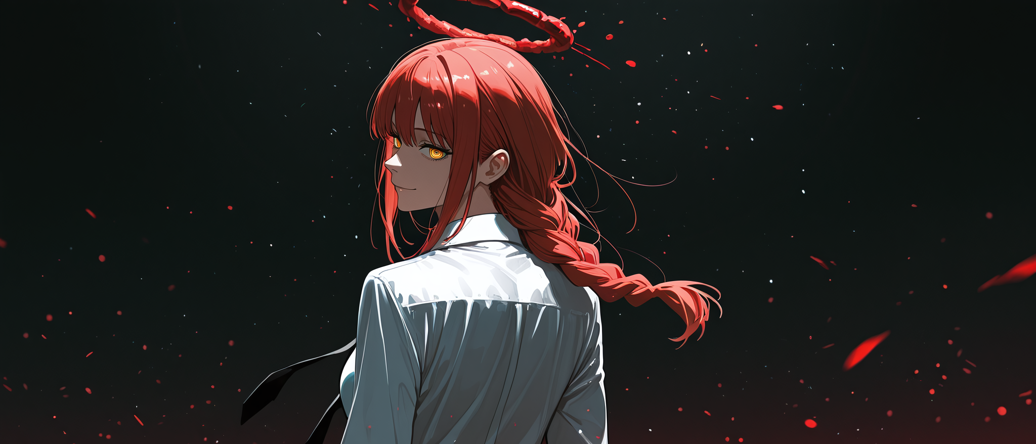 WaifuDen hero - Makima over-the-shoulder glance with crimson halo
